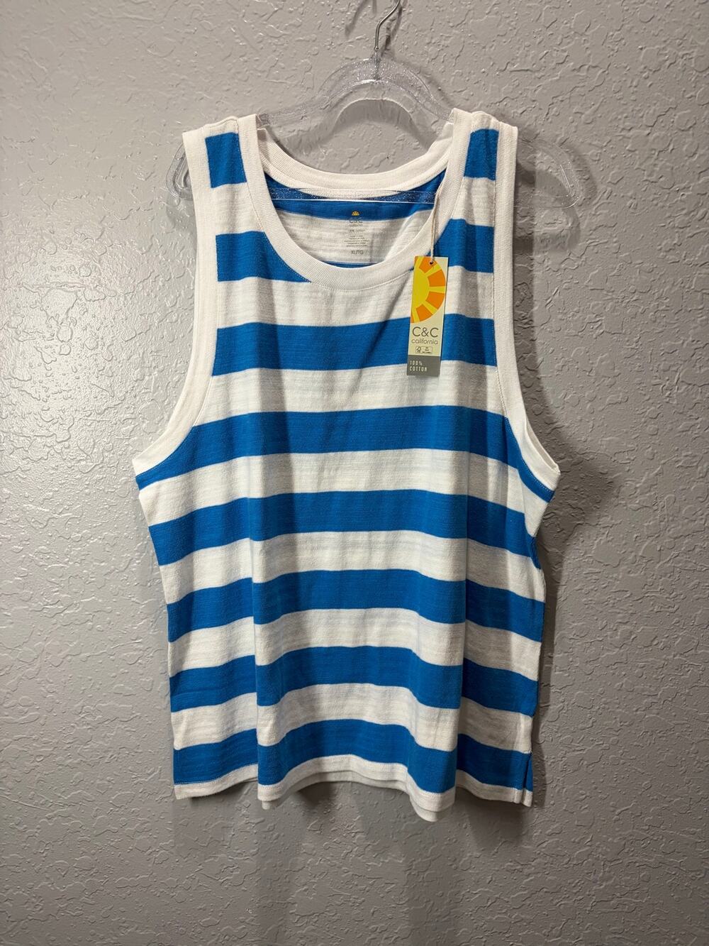 C&C California Blue White Tank Top Strpes Cotton Coastal Beachy Boho XL NWT